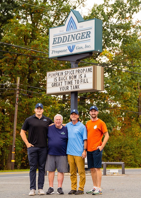 Pumpkin spice propane began with the funny saying put on the store’s sign eight years ago. Here is the Eddinger family: (from left) Jacob, Jack, John II and Dylan.