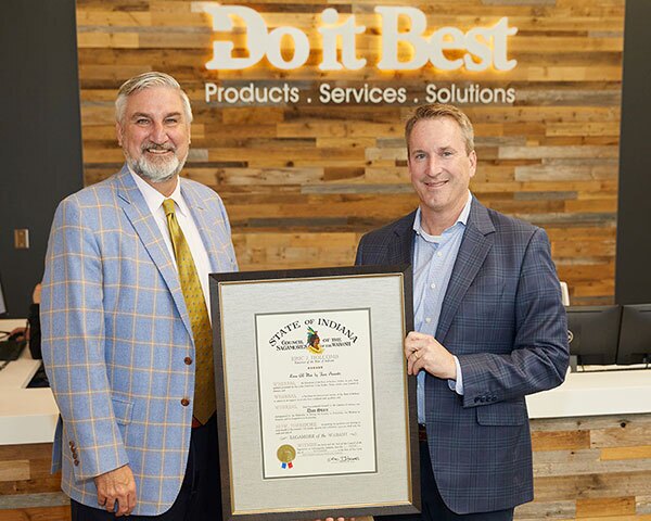 Do it Best President and CEO Dan Starr (right) with Indiana Governor Eric Holcomb.