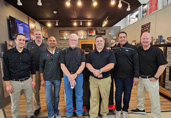 The Bolster Hardware executive team at the newest store, Poulsen Ace Hardware in Eaton, Colo., that was purchased June 28, 2024. (From left) Rob Moore, director of operations; Bob Hilber, district manager; Ajay Amin, principal; Russ Heppner, previous owner of Poulsen Ace Hardware; Joey Parchman, director of operations; Paco Patel, principal; and Mark Flowers, vice president of operations.