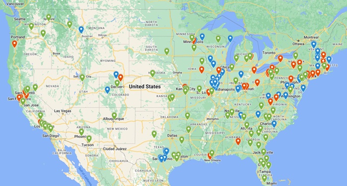 This map shows the 175 hardware store facilities that changed hands in 2024, based on joint research by Hardware Connection and Webb Analytics. Green pins mark 81 new greenfield openings, blue pins indicate 55 stores acquired across 28 deals and red pins highlight 39 closures.