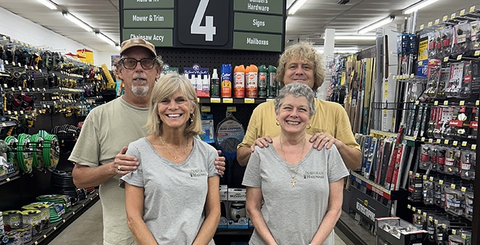 The couples who own Sawgrass Hardware have shared decades of friendship and family ties. A pivotal moment came during a road trip to Orgill’s 2023 Spring Dealer Market in New Orleans. Front row, from left: Laura Ward, Erika Brown; back row, from left: David Ward, Frank Brown.