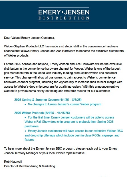 EJ letter Weber to End Distribution to Do it Best, Orgill, Other Channels in Move Toward Ace Exclusivity