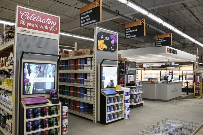 Jay-K Lumber in New Hartford, N.Y., keeps spray paint positioned within its robust paint department, reinforcing logical shopping flow and keeping the category near associates equipped to answer project questions. 