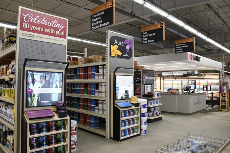 Jay-K Lumber in New Hartford, N.Y., keeps spray paint positioned within its robust paint department, reinforcing logical shopping flow and keeping the category near associates equipped to answer project questions. 