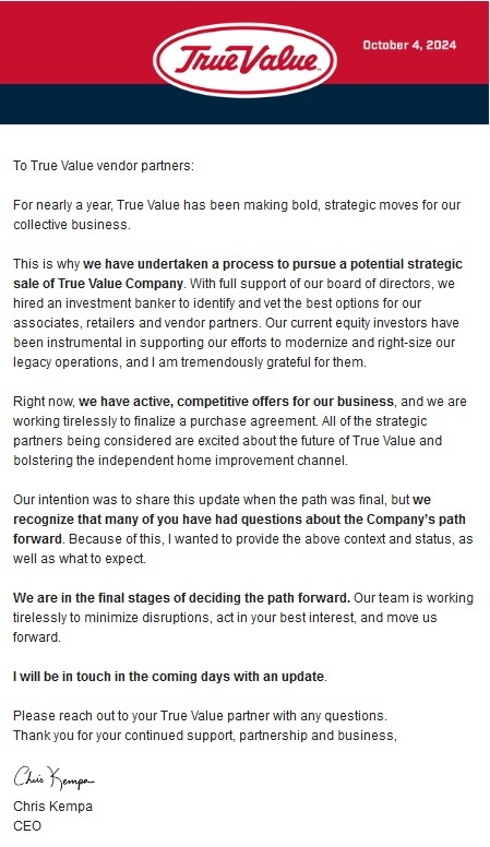 TV CEO letter True Value Explores Potential Sale Amid Active Offers